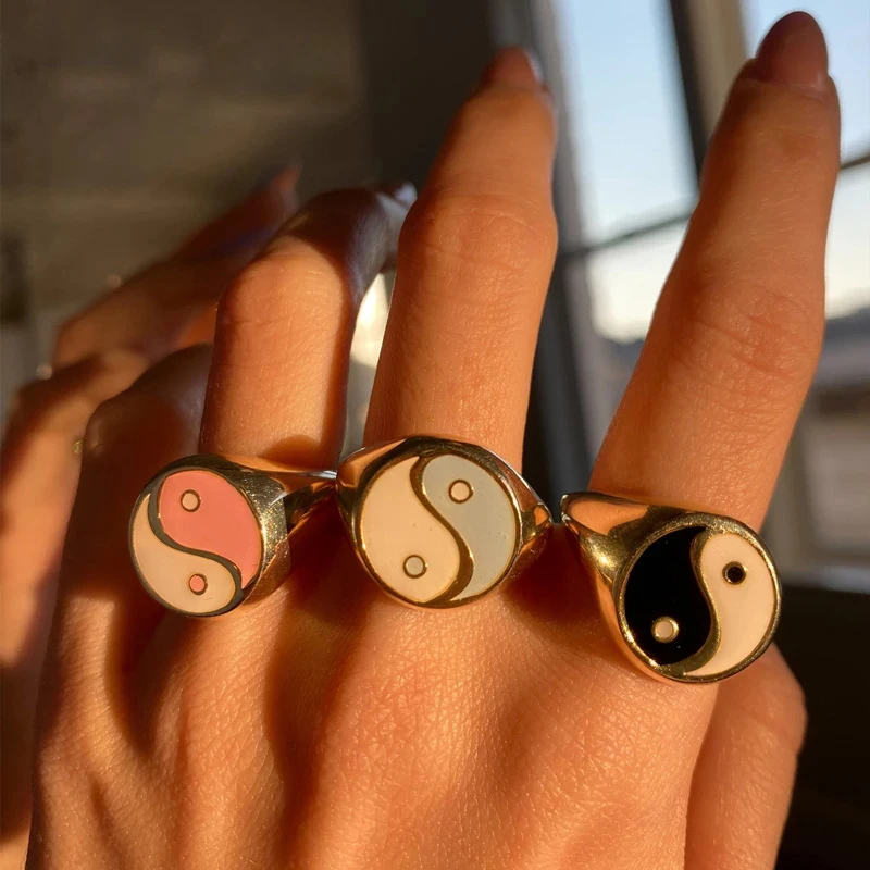 

Finetoo Trendy Ins Aesthetic YingYang Tai Chi Pearsonality Funky Hippie Metal Oil Drip Finger Rings for Women Girl Rings Jewelry