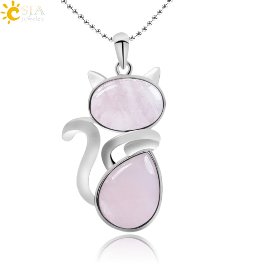 

CSJA hot natural stone cute cat shape women necklaces crystal rose quartz beads pendants chain reiki jewelry F066