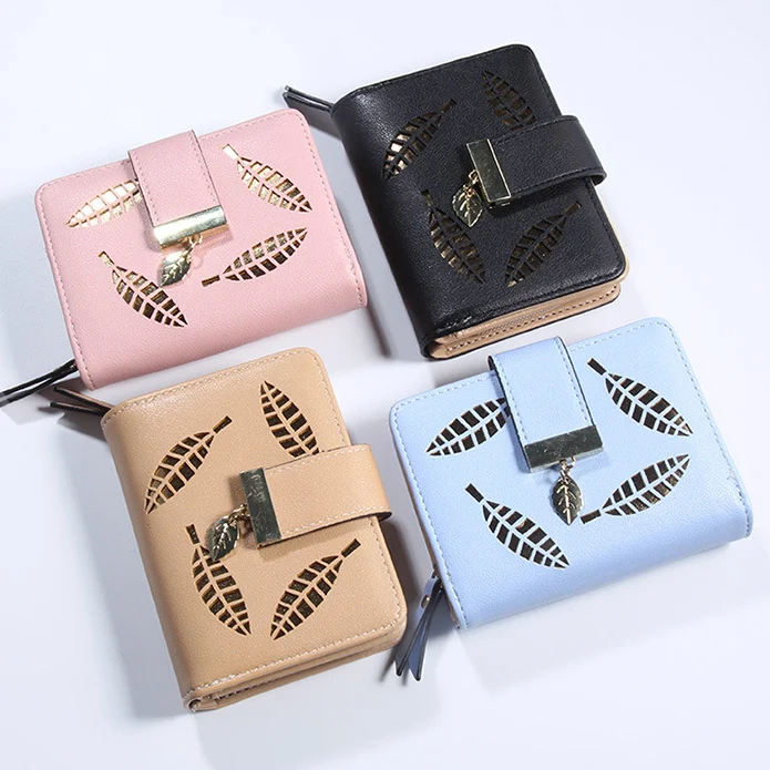 

Women Hollow Out Leaf Small Short Trifold Zipper Leather Card Holder Wallet, 4 colors avaible