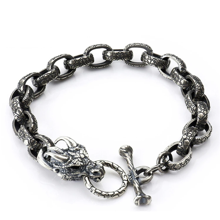 

Mens Dragon Head Bracelet Fashion 925 Sterling Silver Polished Jewelry Punk Hiphop Men Silver Bracelet, Picture shows