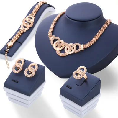 

Luxury Elegant Wed Gold Plated Ring Necklace Earring Bracelet Rings Set Charm Bracelet Women Crystal Fashion Jewelry Set, Gold /silver color