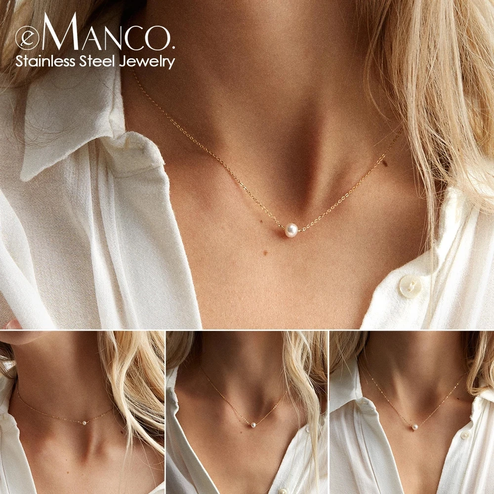 

eManco White Pearl Choker Minimalist Classic Style Stainless Steel Pearl Pendant Necklace