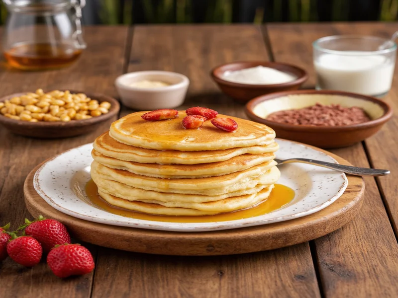 Pancake ingredients arranged on wooden table