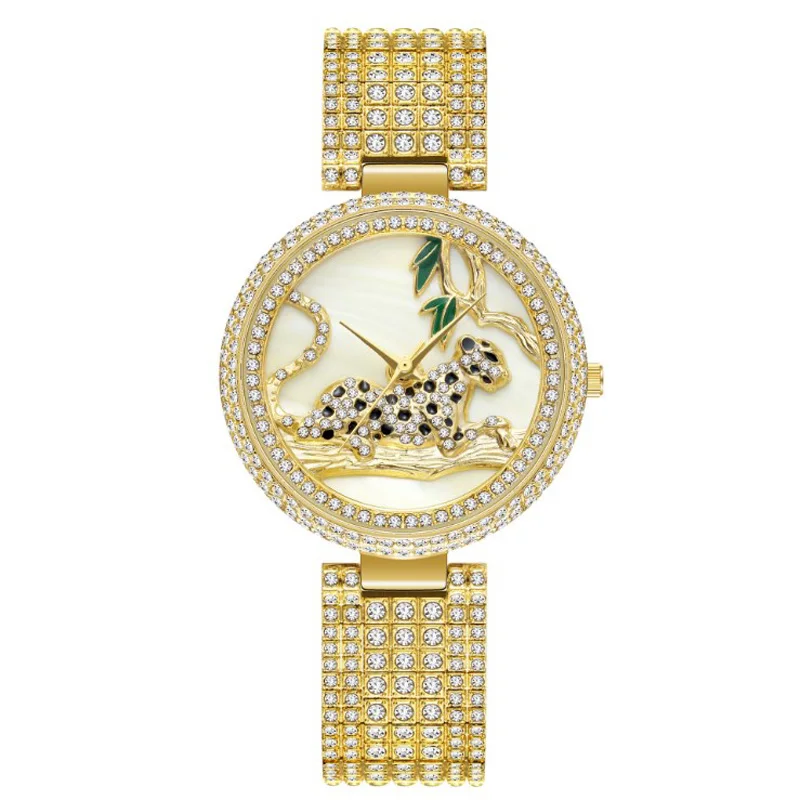 

Hot selling panther leopard waterproof custom gold quartz steel luxury ladies diamond watch