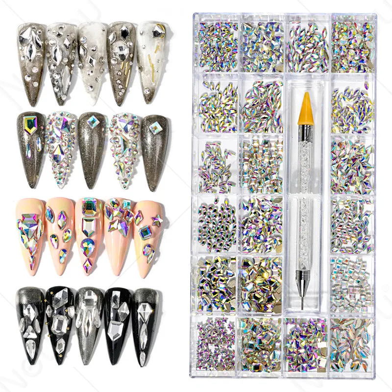 

Wholesale Crystal AB Nail Art Mix Shaped In Box Flat Bottom Glass nail art rhinestones