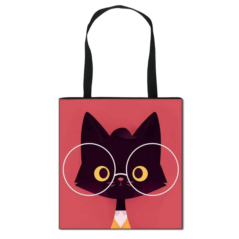 

Cartoon Animal Black Cat Print Women Tote Bag Young Girl Foldable Shoulder Bag Ladies Reusable Large Capacity Shopping Pocket, Customizable