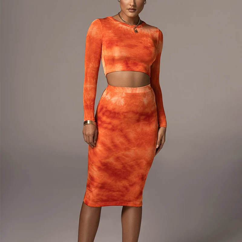 

Autumn 2021 new fashion tie-dye printing party suit long sleeve crop top and knee-length skirt 2 pieces ladies casual suit
