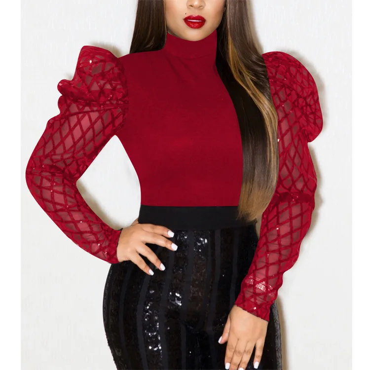

Black Patchwork Long Sleeves See Through Plaid High Collar Lady Club Blouses