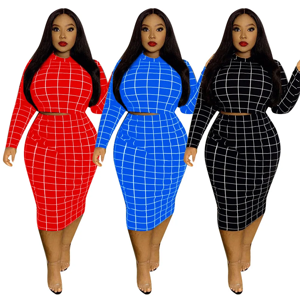 

P80308 New model fall 2021 long sleeve designer sets bodycon sexy two peice outfits plaid plus size women clothing two piece set
