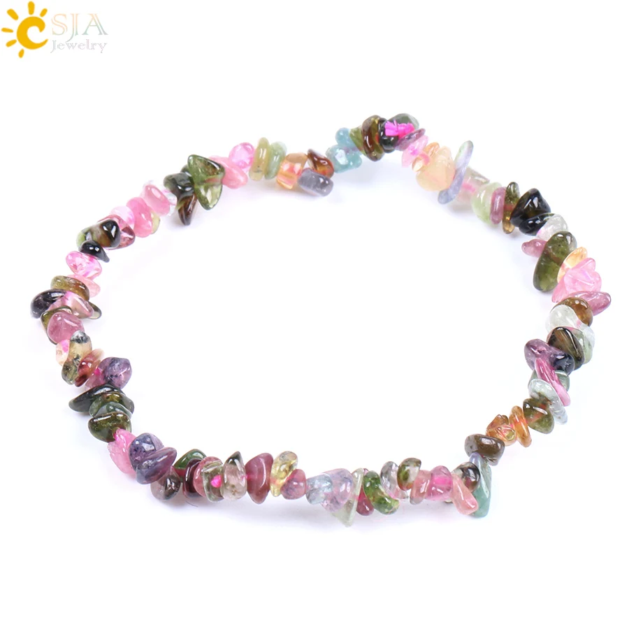 

CSJA fashion colorful tourmaline crystal chips bracelet natural irregular seed bead bracelet elastic women jewelry F154
