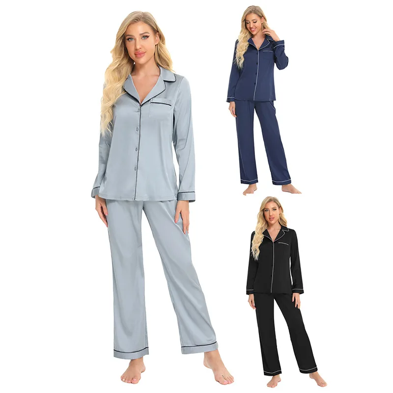 

2021 New Fashion Silk Pajamas 2 Piece Set For Ladies Spring Lounge Wear Long Sleeve Women Sleepwear Set