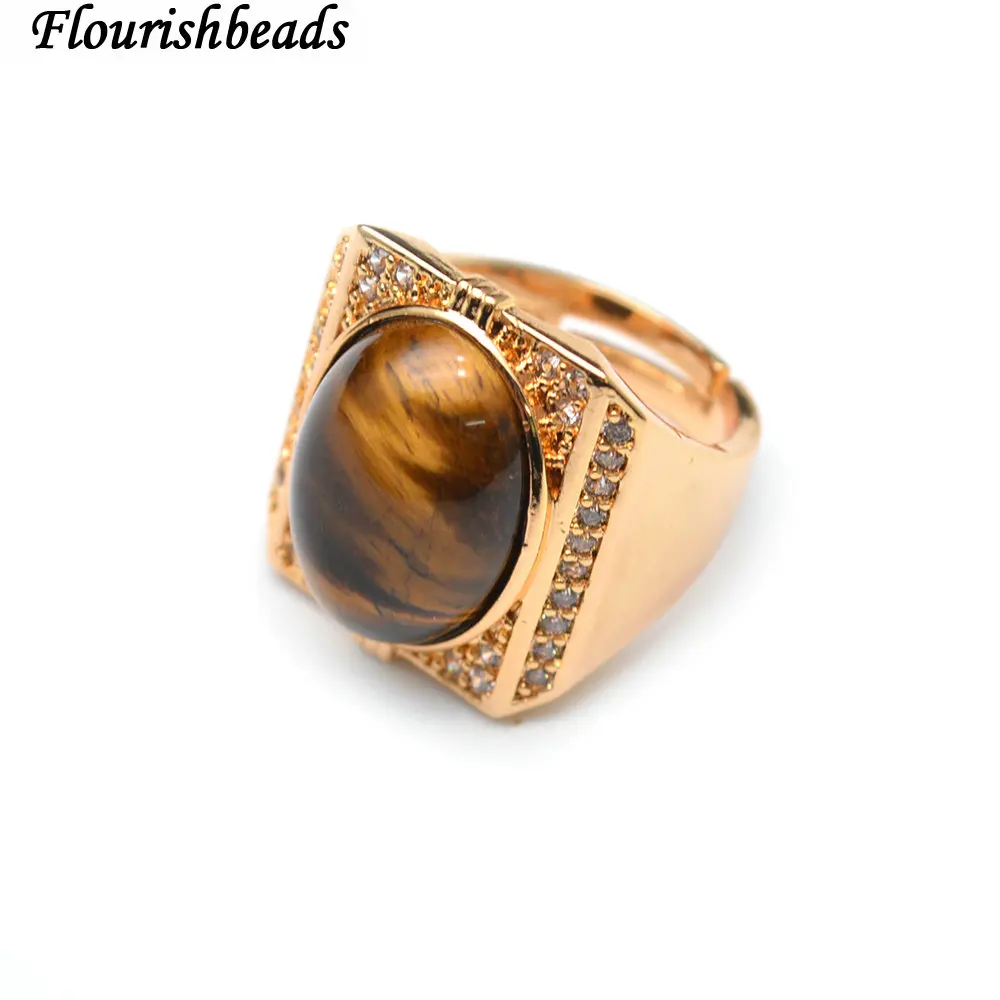 

Zircon Beads Paved Natural Tiger Eye Stone Cabochon Big size Man's Band Rings Jewelry