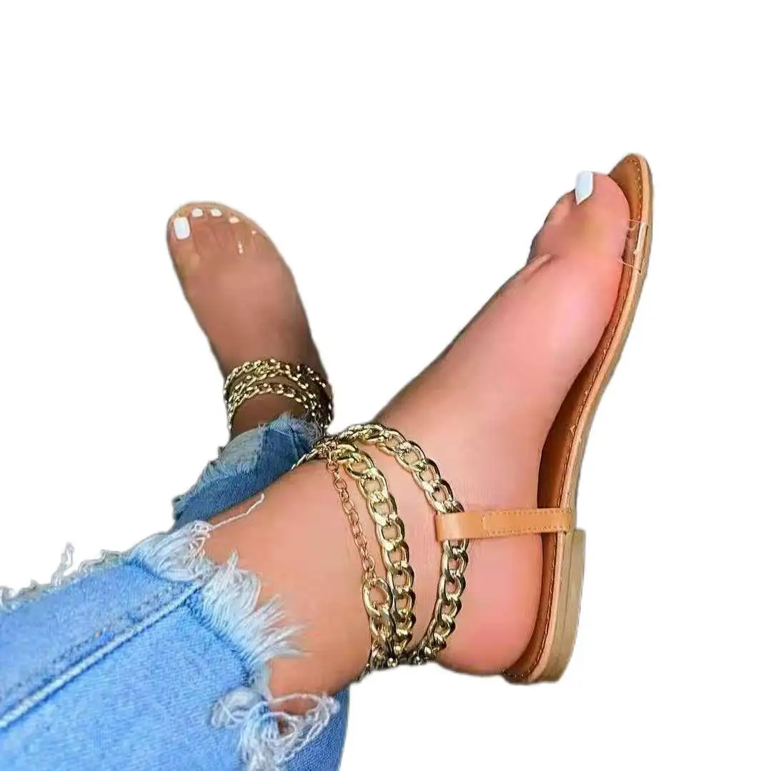 

Plus Size Sandals Women 2021 New Flat Bottom Round Toe Metal Chain Transparent Outer Wear Sandals Women Beach Sandals