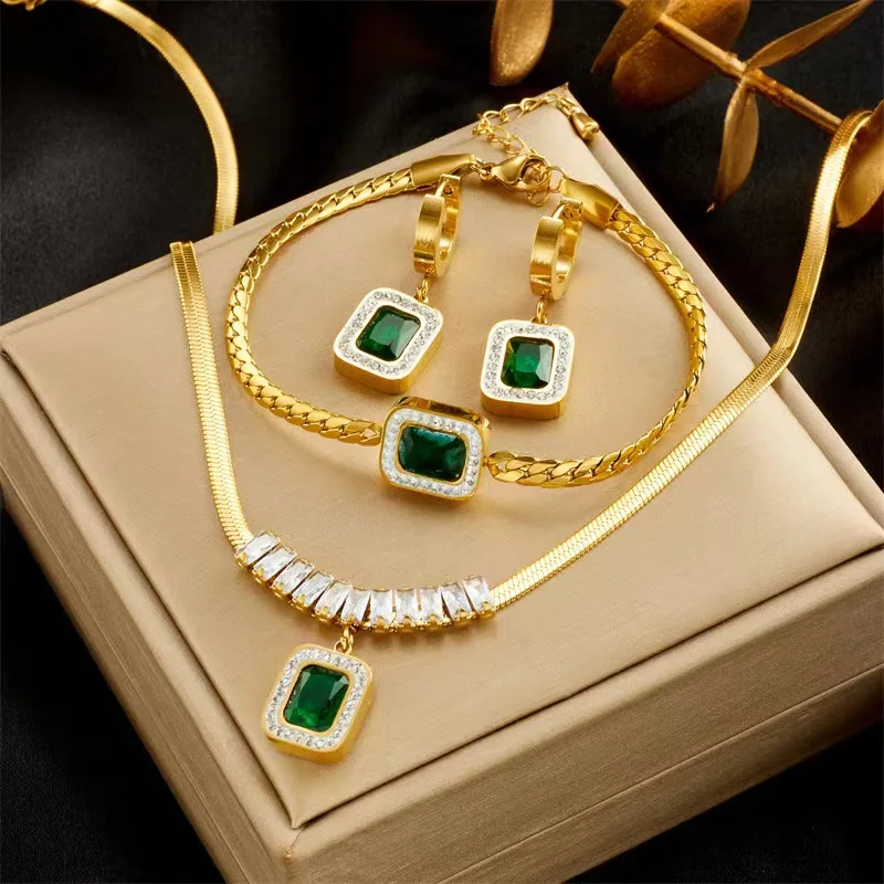 

Quality Real 18k Gold Plated Snake Chain Green Emerald Bracelet Zirconia Earrings Necklace Stainless Steel jewelry Set