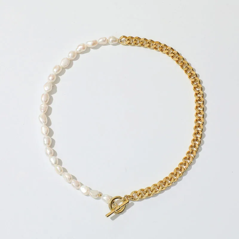 

INS fashion minimal vintage jewelry gold stainless steel toggle clasp half chain half freshwater pearl choker