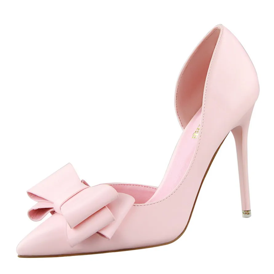 

3168-2 Korean version of fashion delicate sweet bow high heel heel thin heel shallow mouth pointy side hollow shoes