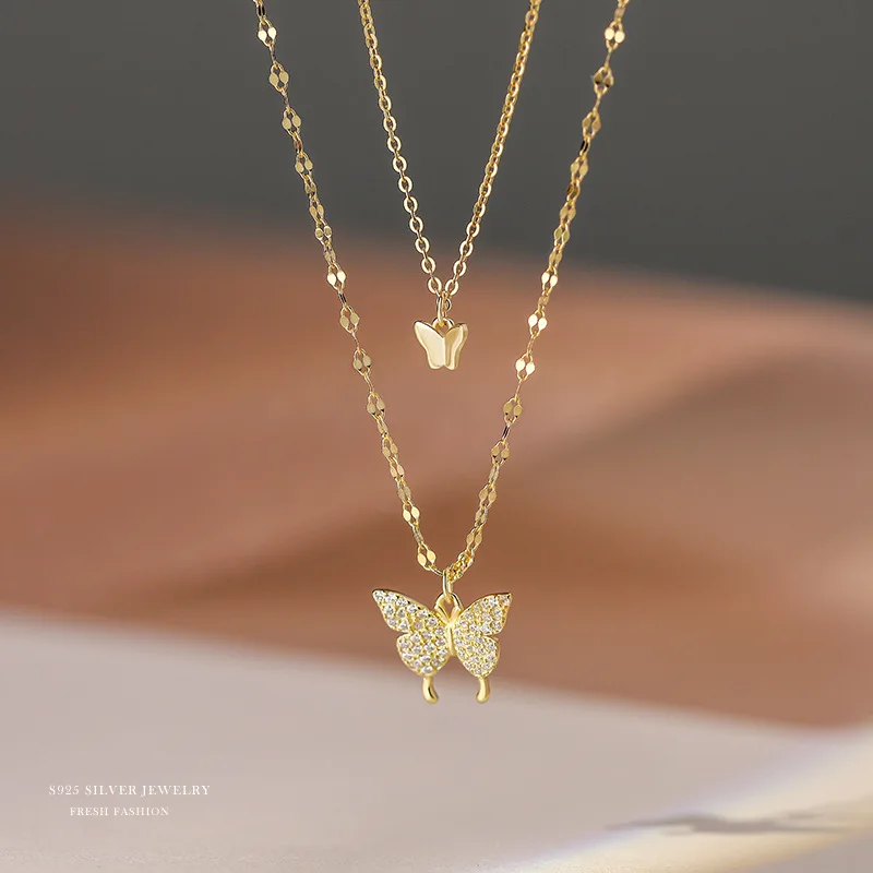 18K Gold Plated 925 Sterling Silver Micro Pave CZ Butterfly Necklace S925 Double Layer Zircon Butterfly Charms Necklace