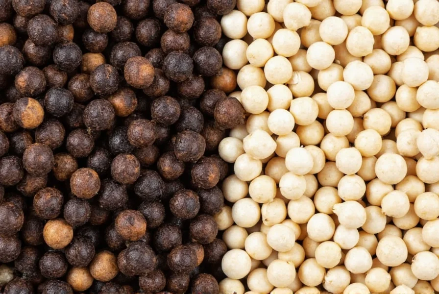 Close-up comparison of black pepper corns versus white pepper corns showing texture and color differences