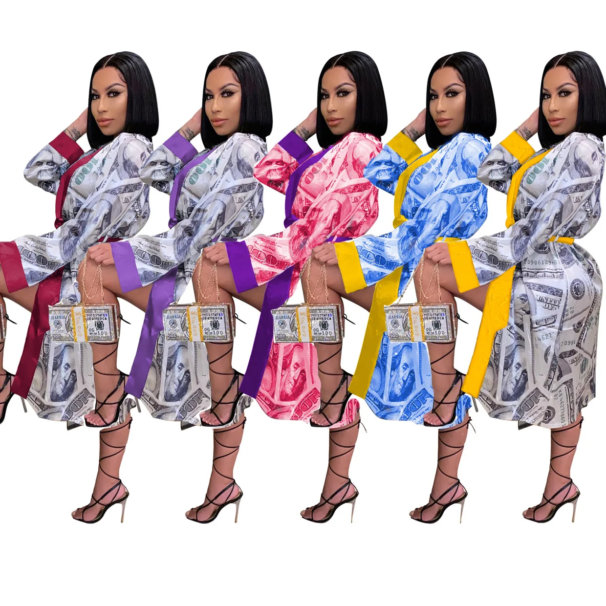 

2021 spring satin silk pajamas women sexy nightclothes nightgown ladies sleepwear gown dollar money robe pajamas for women, Photo color