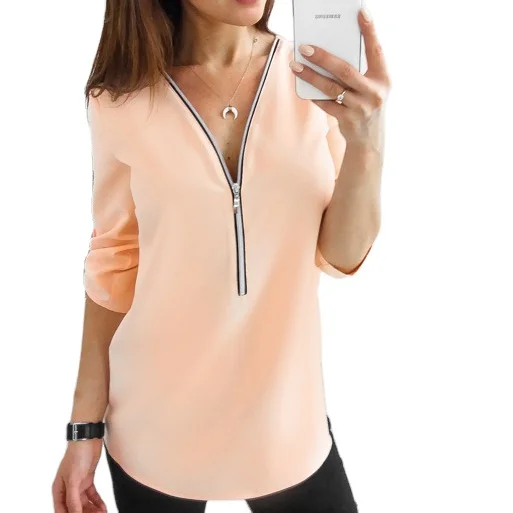 

2021 New Arrivals woman clothes trending tops long sleeve half zipper plain casual ladies' blouses, Picture color