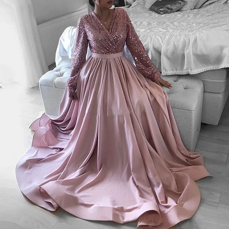 

EV123 Pink Arabic Evening Dresses V-Neck Sequin Custom Made Simple Dubai Long A-Line Long Sleeves Sexy Prom Party Gown