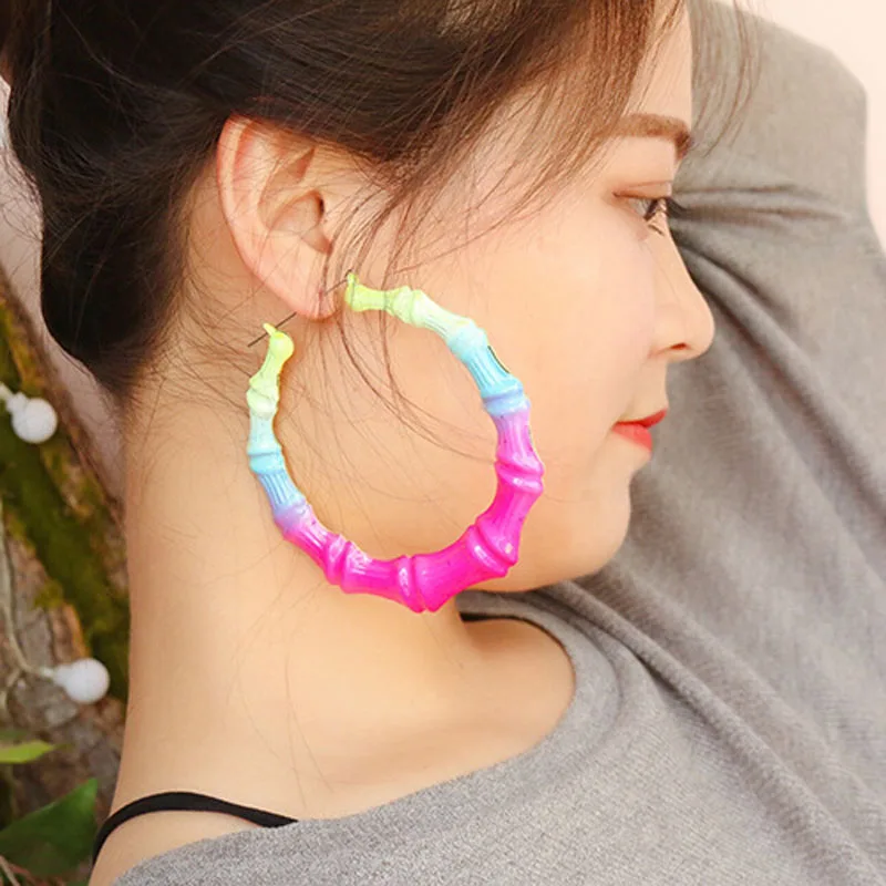 

Fashion Women Fluorescent Neon Color Hip Hop Bamboo Joint Hoop Earring