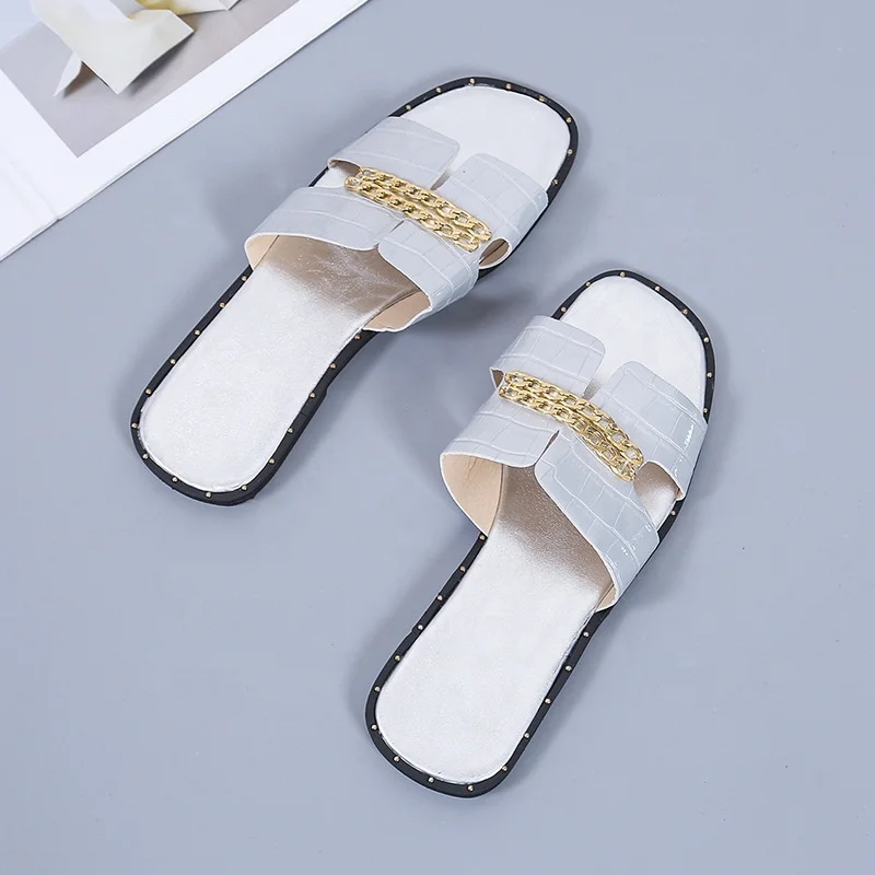 

Latest Snake Shiny pu H Slipper Soft Sole New Design Women's Casual Girl Summer Ladies Flat Mule Slides Slippers, Black gold silver