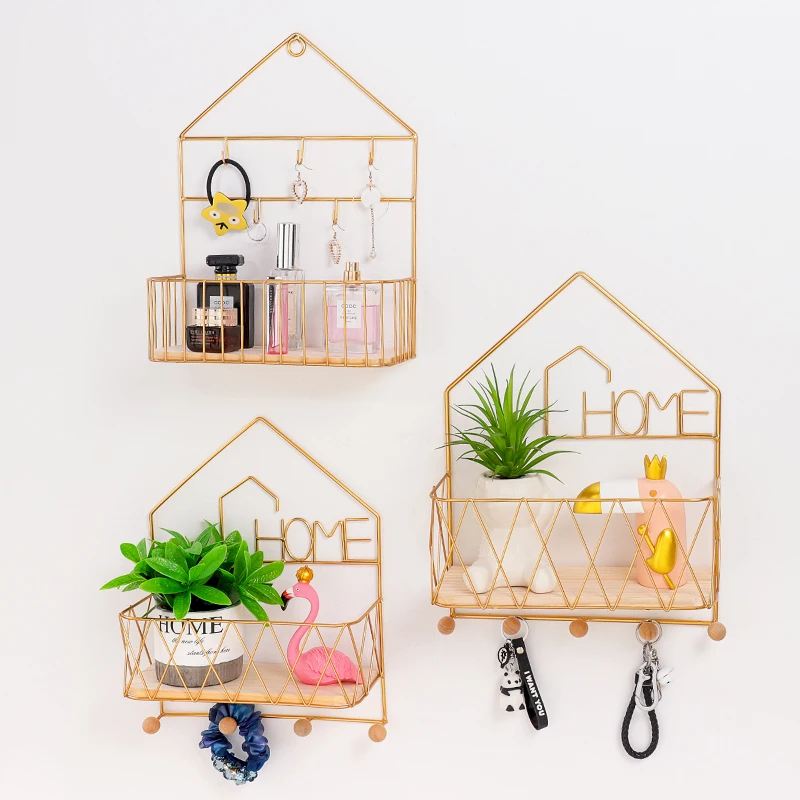 

Creative and high-quality iron household items With hooks wall mounted storage rack House modeling storage holders, Gold