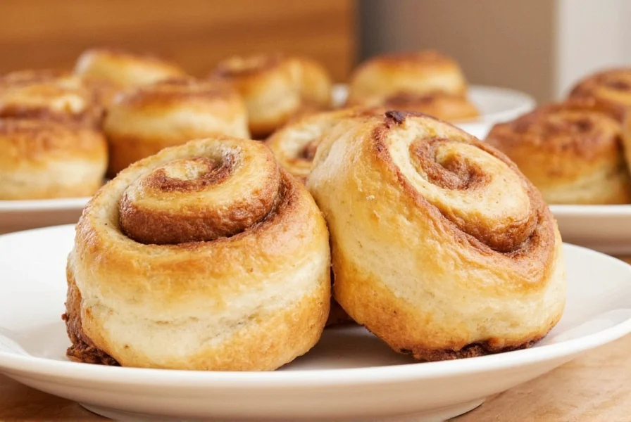 Freshly baked golden cinnamon scrolls with creamy icing drizzled on top