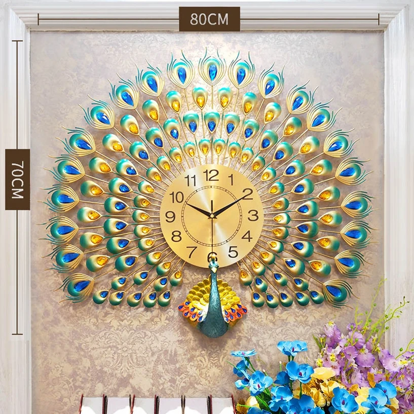 

peacock shape Metal modern art design luxury crystal peacock wall clock For Luxury Living Room Wholesale, Customized color