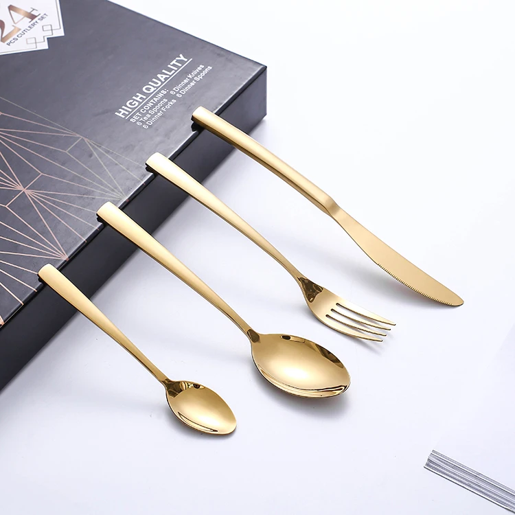 

Wholesale cheap royal color gold flatware dinner knife fork spoon set stainless steel cutlery, Gold cutlery set