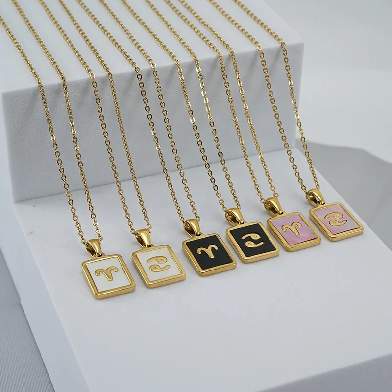 

Waterproof 18K Gold Plated Natural Shell Star Sign Necklace Party Stainless Steel Square 12 Zodiac Sign Shell Necklace for Girls