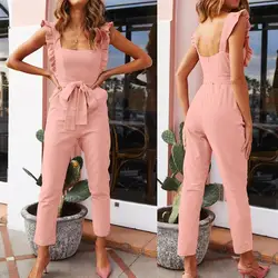 10% Off Women Linen Shirred Frill Sleeves Pockets Jumpsuit Ladies Belted Summer Holiday Overalls Rompers Womens Jumpsuit