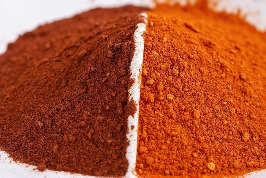 Spice shelf showing jars of ancho chile powder and chili powder