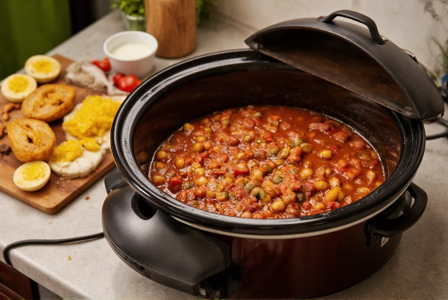 Slow cooker filled with chili ingredients on kitchen counter