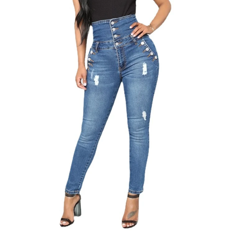 

Women High Waist Jeans Plus Size Skinny Denim Pants Four-breasted Ripped Stretch Slim Jeans Trousers