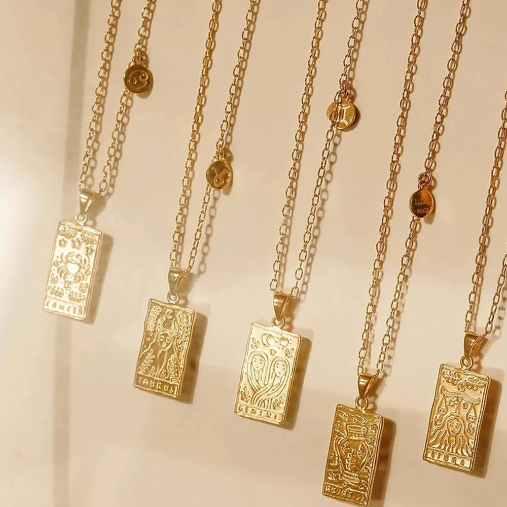 Wholesale Gold Plated Square Engraved 12 Zodiac Sign Necklace Fashion Stainless Steel Jewelry Women Necklace