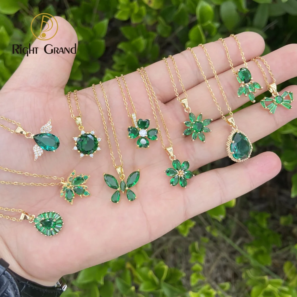 

New Gold Plated Water Drop Butterfly Flower Pendant Necklace Fashion Emerald Color Necklace For Women