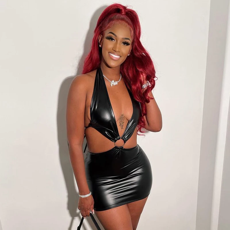 

Sandtree X21DS143 Sexy Hollow Bandage Dress Casual 2021 New Arrivals Solid Color PU Leather Dress Womens Summer Clothing