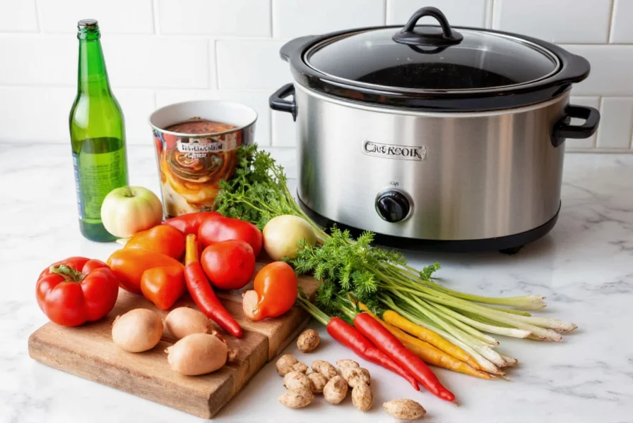 Simple chili recipe crock pot ingredients arranged neatly on counter with slow cooker