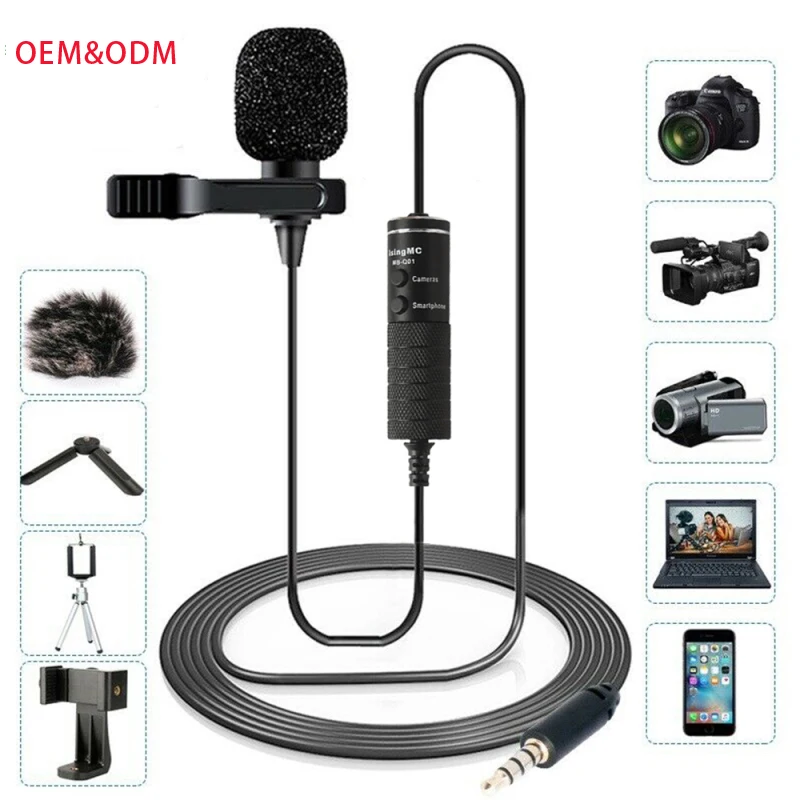 

Free Sample Professional Professional 6m Clip-on Microphone Mini Audio 3.5mm lavalier for Recording Phone DSLR cameras, Black