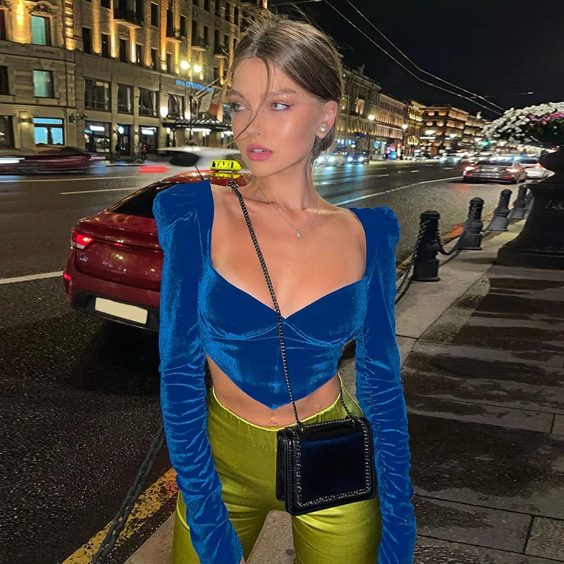 

2022 spring summer femme long sleeve velvet women crop tops ladies' blouses & tops fashion tops