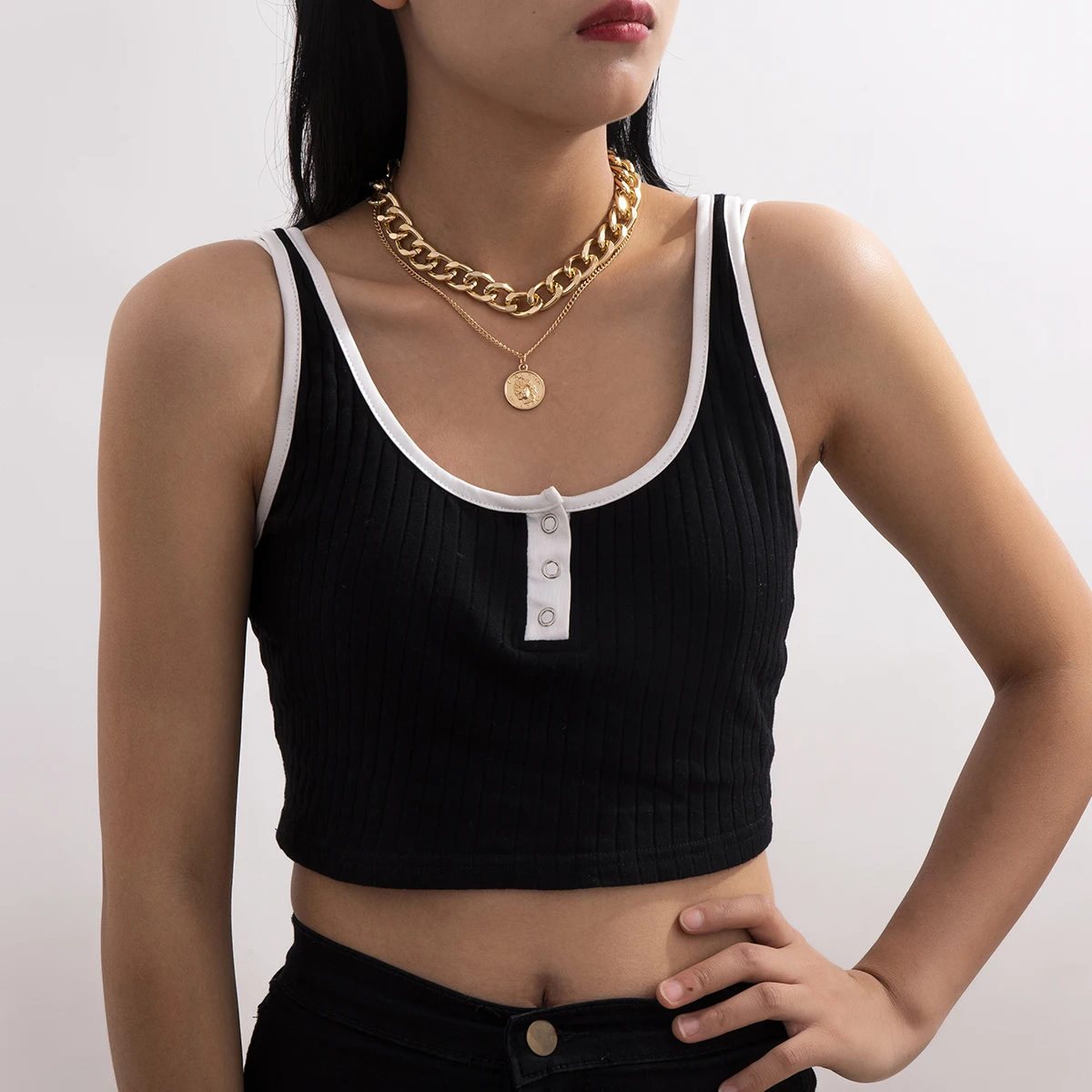 

SHIXIN Hip hop Thick Chunky Cuban Chain Necklace Gold Color Heavy Choker Necklace Collar Jewelry Charm Portrait Pendant Necklace