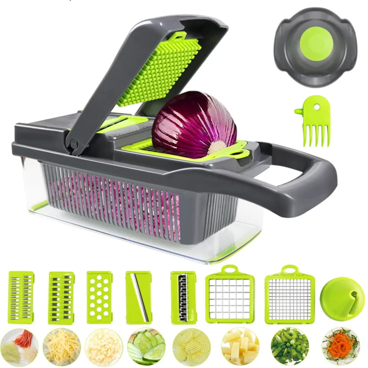 

12 in 1 Multifunction Kitchen Accessories Tools Food Chopper Vegetable Mandoline Slicer Veggie Grater Slicer, Green, grey, white