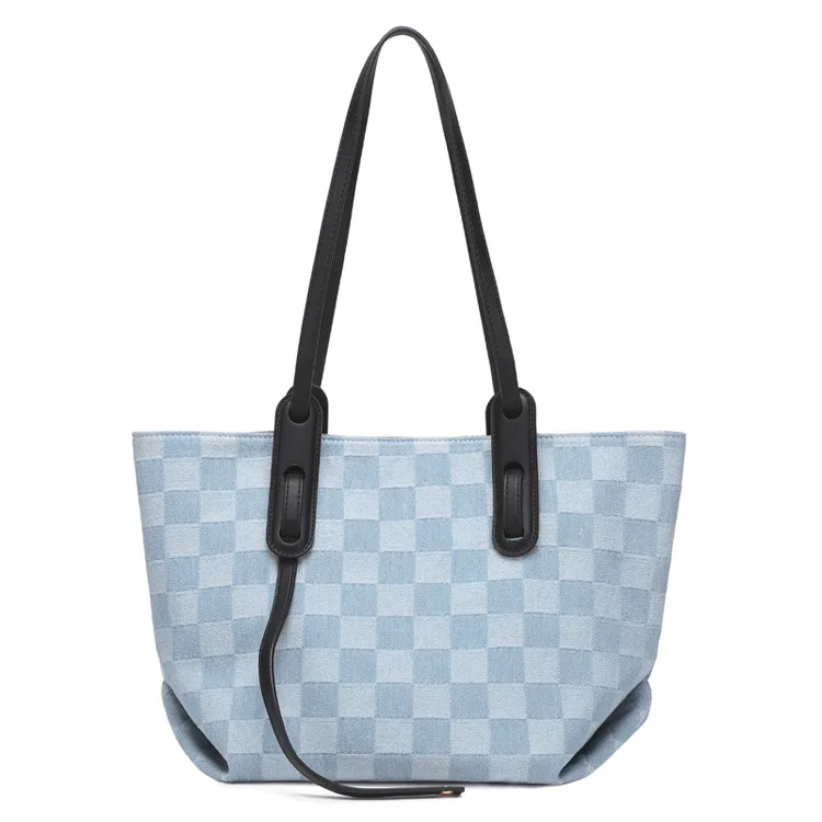 

Large-capacity Ladies Hand Tote Bag 2021 New Fashion All-match Shoulder Bag Light Blue Checkerboard Plaid Canvas Big Bag YGH130