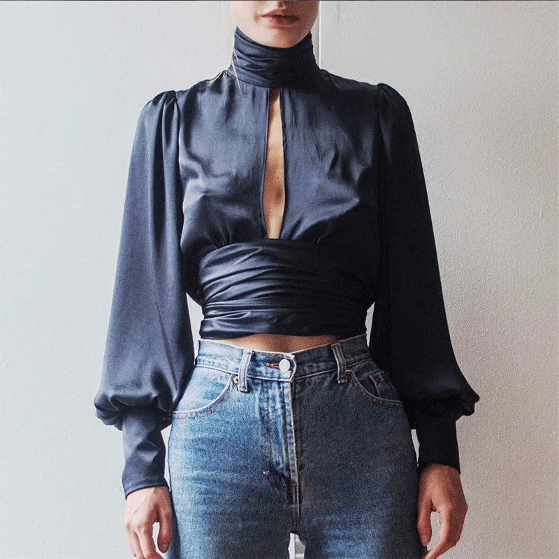 

2020 new arrivals fashion sexy long Lantern sleeves deep V neck women crop tops