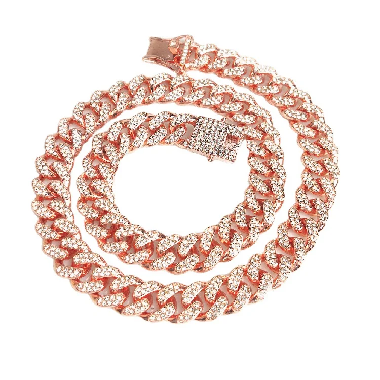 

12mm Pink Cuban Chain Iced Out Rhinestone Zinc Alloy Rose Gold Plating Miami Cuban Link Chain Necklace Wholesale Jewelry