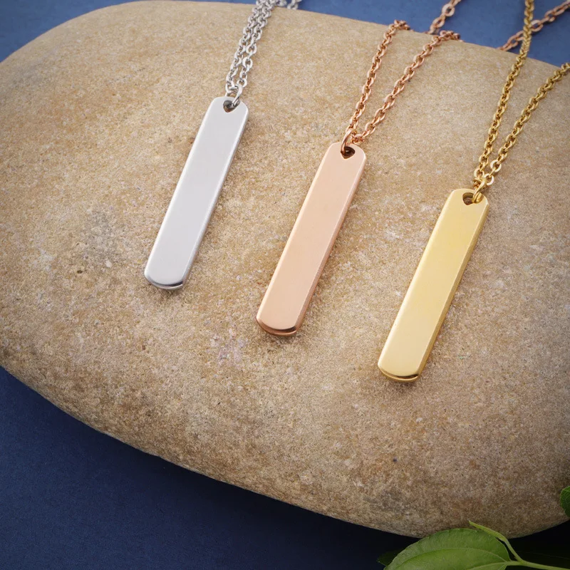 

Customized Engraved Logo Thin Personalized Rectangle Necklace Stainless Steel Gold Plated Blank Vertical 3D Bar Necklace