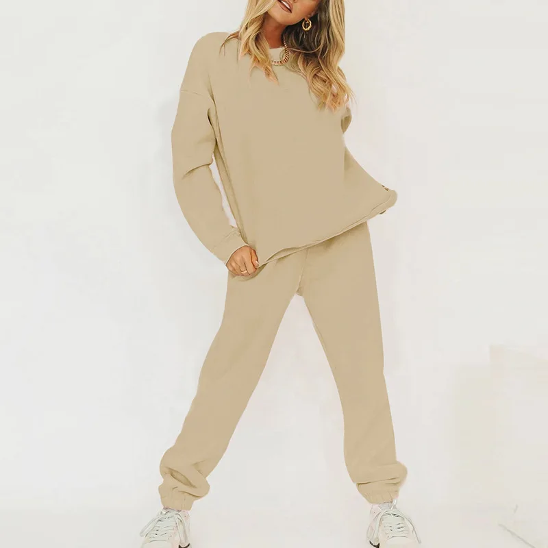 

Drop shipping Custom logo fall 2021 women clothing 2 two piece sweatshirt set cotton plain sweat suits, Picture