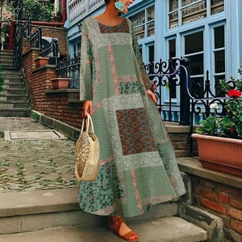 

Summer Loose Print Vintage Long Dresses Women Maxi Casual Linen Dress Maxi Long Sleeve, As picture